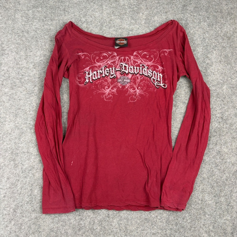 Y2K Harley Davidson Long Sleeve Womens Medium Red Voodoo New Orleans Graphic Tee